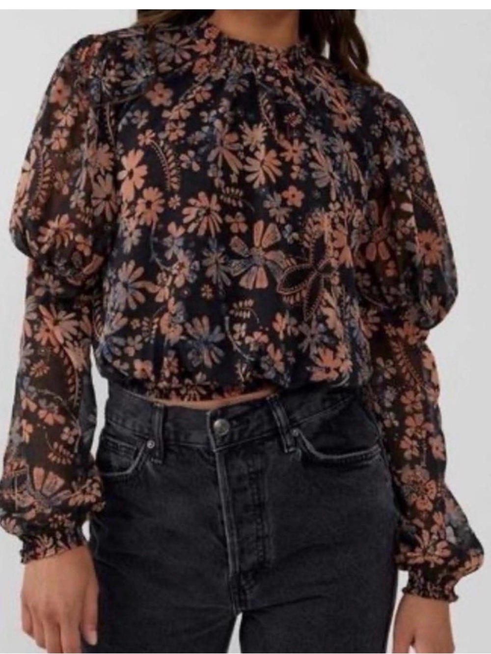 Free People Clarissa Black Blouse with Peach Floral Print women small